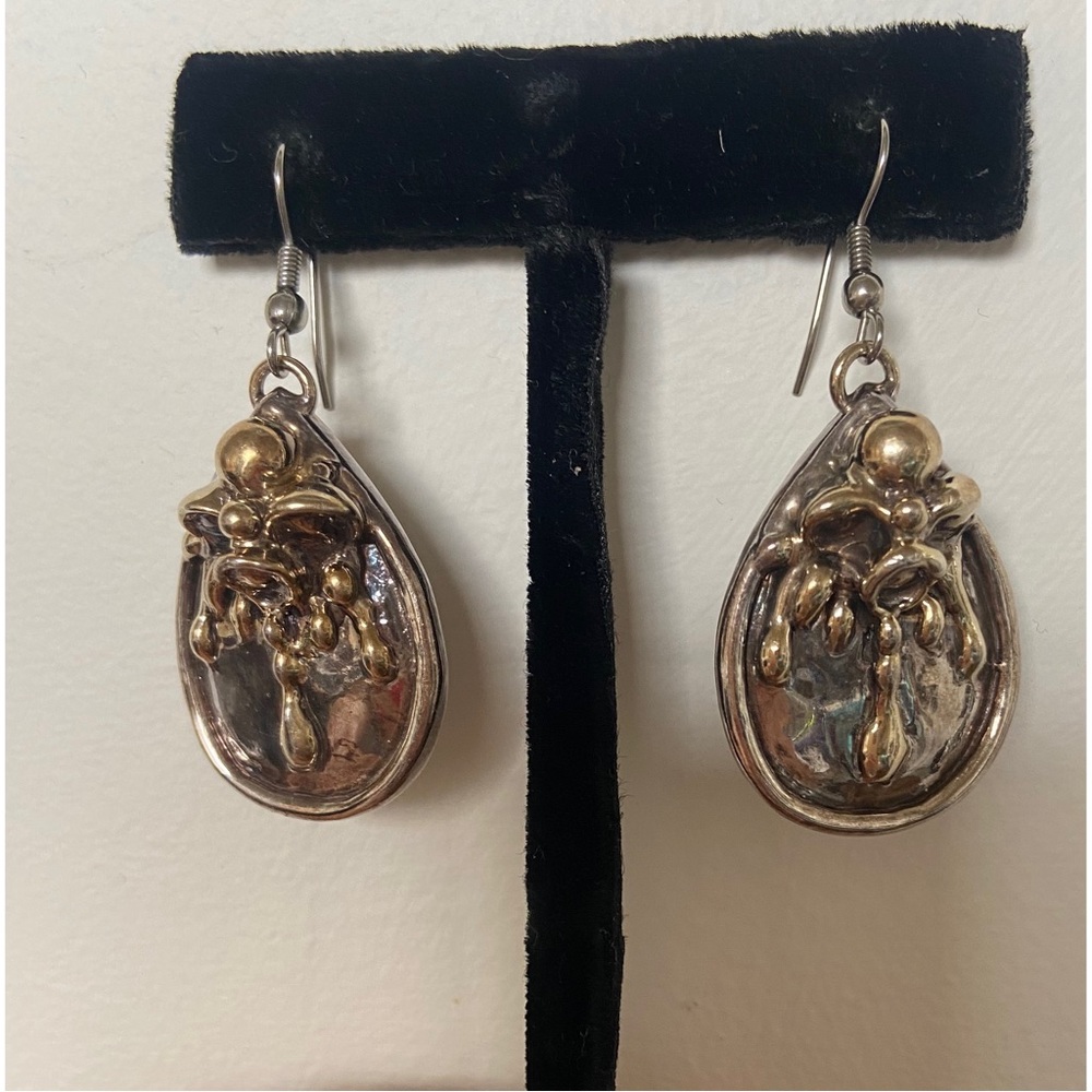 Vintage Designer Drop Dangle Earrings 925 Sterling Silver gold plated accents.